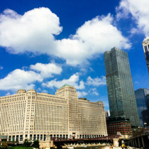 Merchandise Mart in Chicago with a blue sky.