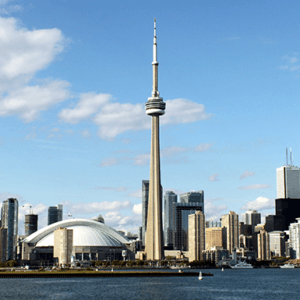 City of Toronto, Canada skyline with a blue sky.
