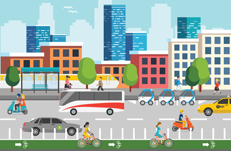 Illustration of a bus, carsharing,light rail, people cycling, people walking, and someone riding a motorized scooter in a complete streets scene.